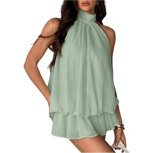 image:imageFloerns Womens Mesh Tie Knot Backless Ruffle Hem Halter Mini DressesMint Green
