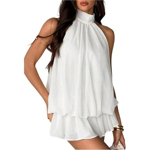 image:imageFloerns Womens Mesh Tie Knot Backless Ruffle Hem Halter Mini DressesWhite