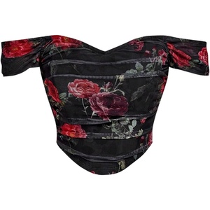 image:imageFloerns Womens Off Shoulder Short Sleeve Ruched Corset Crop Going Out TopBlack Red Floral