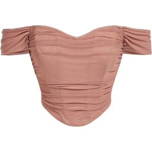 image:imageFloerns Womens Off Shoulder Short Sleeve Ruched Corset Crop Going Out TopDusty Pink