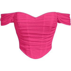 image:imageFloerns Womens Off Shoulder Short Sleeve Ruched Corset Crop Going Out TopHot Pink