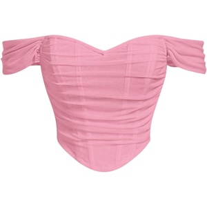 image:imageFloerns Womens Off Shoulder Short Sleeve Ruched Corset Crop Going Out TopPink Solid