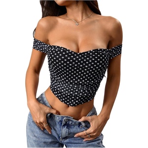 image:imageFloerns Womens Off Shoulder Short Sleeve Ruched Corset Crop Going Out TopPolka Dots Black