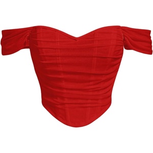 image:imageFloerns Womens Off Shoulder Short Sleeve Ruched Corset Crop Going Out TopRed