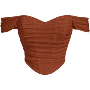 image:imageFloerns Womens Off Shoulder Short Sleeve Ruched Corset Crop Going Out TopRust Brown