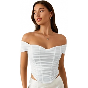 image:imageFloerns Womens Off Shoulder Short Sleeve Ruched Corset Crop Going Out TopWhite
