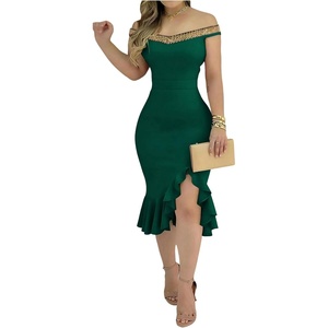 image:imageFloerns Womens Off the Shoulder Ruffle Bodycon Dress Sleeveless Elegant Cocktail Party Midi DressesDark Green