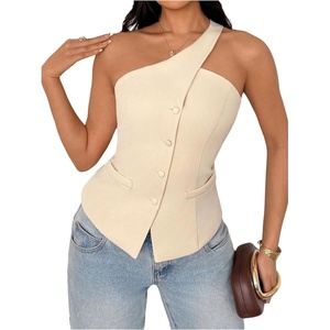 image:imageFloerns Womens One Shoulder Sleeveless Blazer Button Down Suit VestApricot