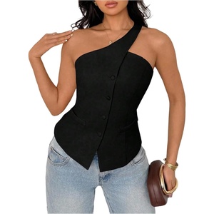 image:imageFloerns Womens One Shoulder Sleeveless Blazer Button Down Suit VestBlack