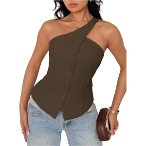image:imageFloerns Womens One Shoulder Sleeveless Blazer Button Down Suit VestBrown