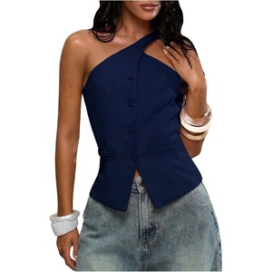 image:imageFloerns Womens One Shoulder Sleeveless Blazer Button Down Suit VestDark Blue