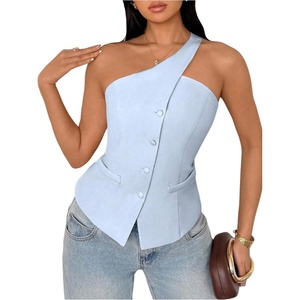 image:imageFloerns Womens One Shoulder Sleeveless Blazer Button Down Suit VestLight Blue