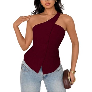 image:imageFloerns Womens One Shoulder Sleeveless Blazer Button Down Suit VestMaroon