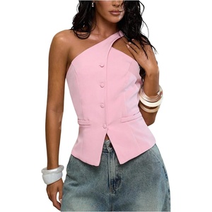 image:imageFloerns Womens One Shoulder Sleeveless Blazer Button Down Suit VestPink