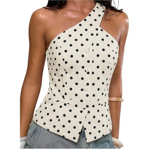 image:imageFloerns Womens One Shoulder Sleeveless Blazer Button Down Suit VestWhite Polka Dots