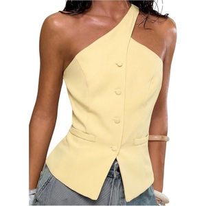 image:imageFloerns Womens One Shoulder Sleeveless Blazer Button Down Suit VestYellow