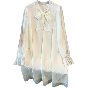 image:imageFloerns Womens Plus Size Pearl Beaded Tunic Dress Long Sleeve Tie Neck Casual Shirt DressesApricot