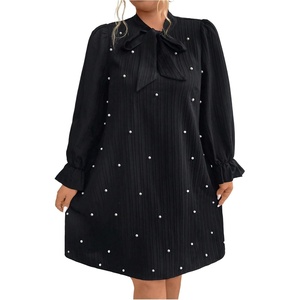 image:imageFloerns Womens Plus Size Pearl Beaded Tunic Dress Long Sleeve Tie Neck Casual Shirt DressesBlack
