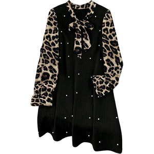 image:imageFloerns Womens Plus Size Pearl Beaded Tunic Dress Long Sleeve Tie Neck Casual Shirt DressesBlack Leopard
