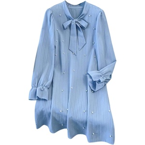 image:imageFloerns Womens Plus Size Pearl Beaded Tunic Dress Long Sleeve Tie Neck Casual Shirt DressesBlue