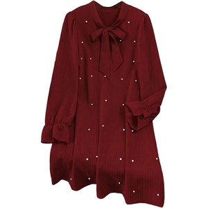 image:imageFloerns Womens Plus Size Pearl Beaded Tunic Dress Long Sleeve Tie Neck Casual Shirt DressesBurgundy