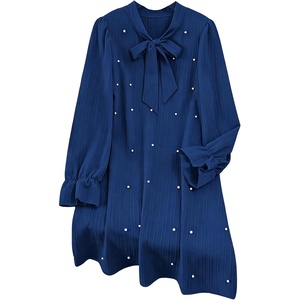 image:imageFloerns Womens Plus Size Pearl Beaded Tunic Dress Long Sleeve Tie Neck Casual Shirt DressesDark Blue