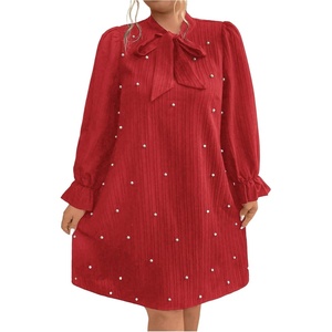 image:imageFloerns Womens Plus Size Pearl Beaded Tunic Dress Long Sleeve Tie Neck Casual Shirt DressesRed