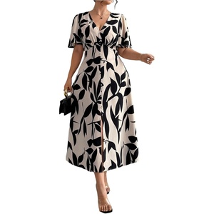 image:imageFloerns Womens Plus Size Tropical Midi Dress Flounce Sleeve V Neck Split A Line Vacation DressesBlack and White