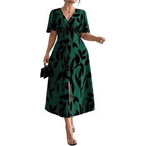 image:imageFloerns Womens Plus Size Tropical Midi Dress Flounce Sleeve V Neck Split A Line Vacation DressesDark Green