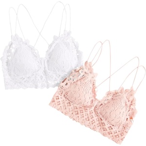 image:imageFloerns Womens Sexy Lace V Neck Criss Cross Back Bralette Crop TopPink and White