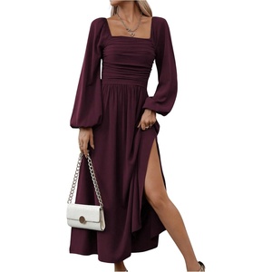 image:imageFloerns Womens Square Neck Lantern Long Sleeve Split Ruched Midi DressesMaroon