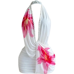 image:imageFloerns Womens Summer Halter Mini Dress Ruched Vacation Bodycon DressesWhite Floral