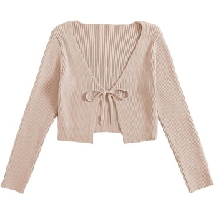 image:imageFloerns Womens Tie Front Long Sleeve Ribbed Knit Shrug Cardigan Crop TopA Khaki