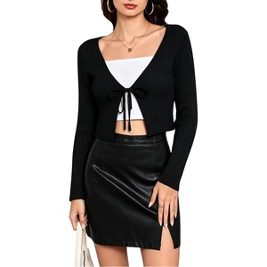 image:imageFloerns Womens Tie Front Long Sleeve Ribbed Knit Shrug Cardigan Crop TopBlack