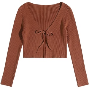 image:imageFloerns Womens Tie Front Long Sleeve Ribbed Knit Shrug Cardigan Crop TopCoffee Brown