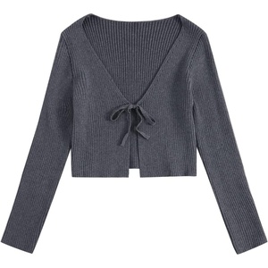 image:imageFloerns Womens Tie Front Long Sleeve Ribbed Knit Shrug Cardigan Crop TopDark Grey