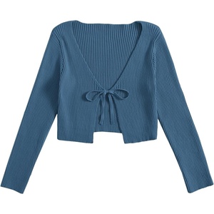 image:imageFloerns Womens Tie Front Long Sleeve Ribbed Knit Shrug Cardigan Crop TopDusty Blue