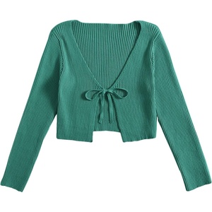 image:imageFloerns Womens Tie Front Long Sleeve Ribbed Knit Shrug Cardigan Crop TopGreen Solid