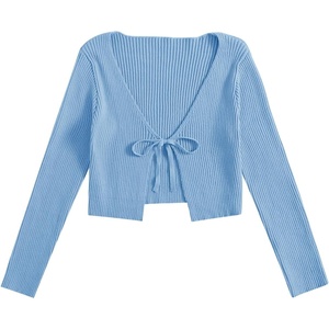 image:imageFloerns Womens Tie Front Long Sleeve Ribbed Knit Shrug Cardigan Crop TopLight Blue