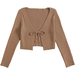 image:imageFloerns Womens Tie Front Long Sleeve Ribbed Knit Shrug Cardigan Crop TopLight Brown