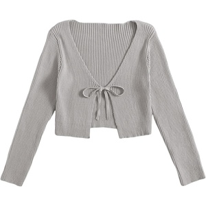 image:imageFloerns Womens Tie Front Long Sleeve Ribbed Knit Shrug Cardigan Crop TopLight Grey