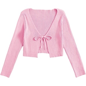 image:imageFloerns Womens Tie Front Long Sleeve Ribbed Knit Shrug Cardigan Crop TopLight Pink