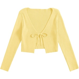 image:imageFloerns Womens Tie Front Long Sleeve Ribbed Knit Shrug Cardigan Crop TopLight Yellow