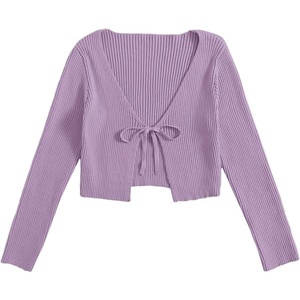 image:imageFloerns Womens Tie Front Long Sleeve Ribbed Knit Shrug Cardigan Crop TopLilac Purple