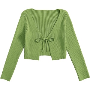 image:imageFloerns Womens Tie Front Long Sleeve Ribbed Knit Shrug Cardigan Crop TopLime Green