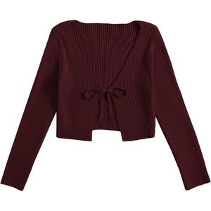 image:imageFloerns Womens Tie Front Long Sleeve Ribbed Knit Shrug Cardigan Crop TopMaroon