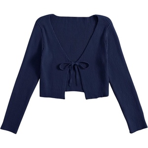 image:imageFloerns Womens Tie Front Long Sleeve Ribbed Knit Shrug Cardigan Crop TopNavy Blue