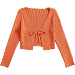 image:imageFloerns Womens Tie Front Long Sleeve Ribbed Knit Shrug Cardigan Crop TopOrange