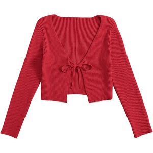 image:imageFloerns Womens Tie Front Long Sleeve Ribbed Knit Shrug Cardigan Crop TopRed