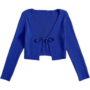 image:imageFloerns Womens Tie Front Long Sleeve Ribbed Knit Shrug Cardigan Crop TopRoyal Blue